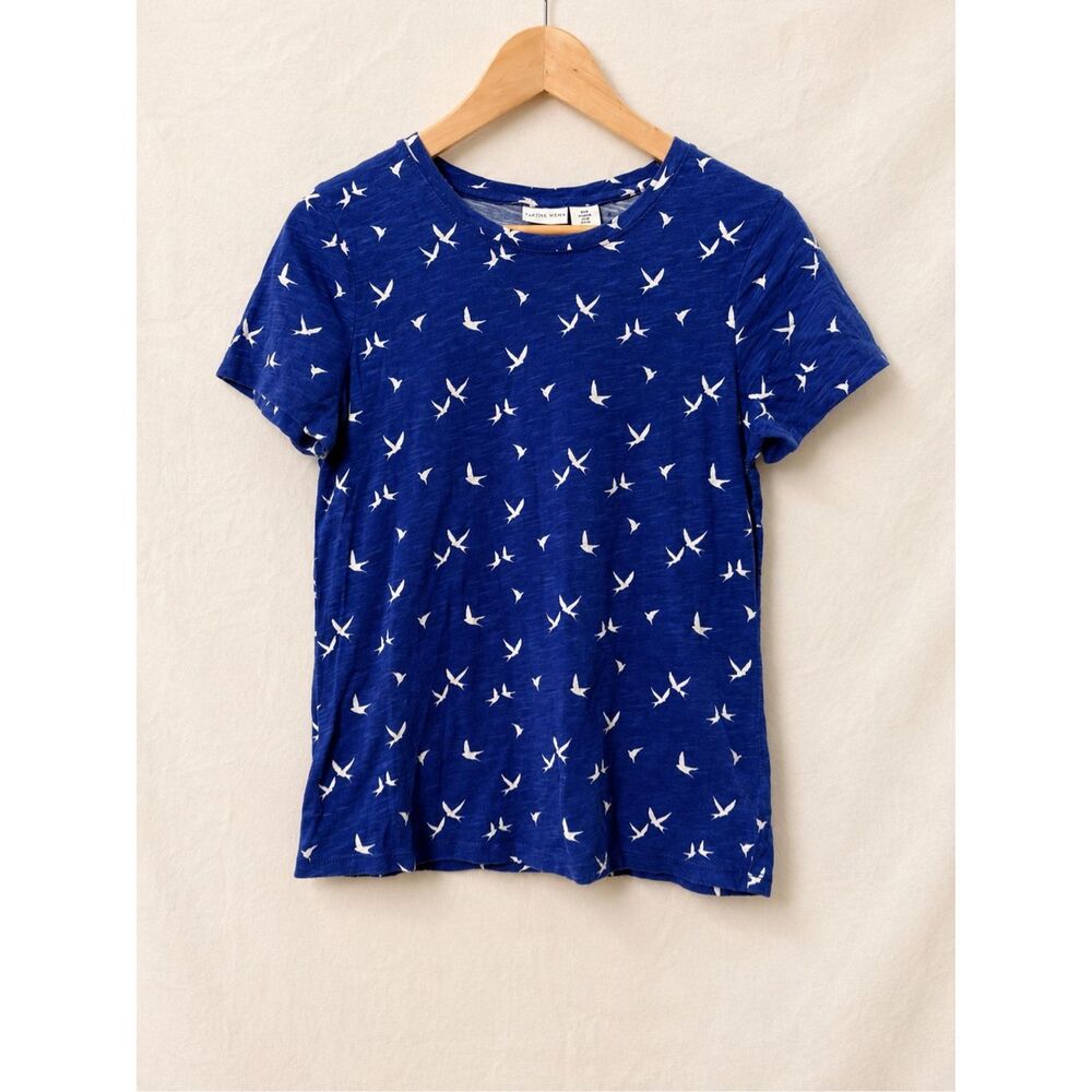 Tabitha Webb Blue Bird Print 100% Cotton Slub Knit Short Sleeve Tee Top M